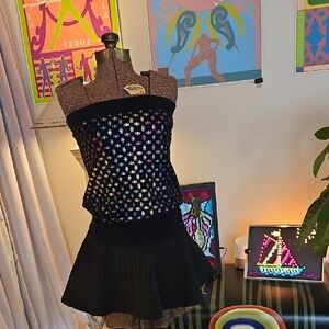 Vintage Y2K 2pc Goth Punk Outfit Skull Print Tube Top & Pin Stripe Mini Skirt S